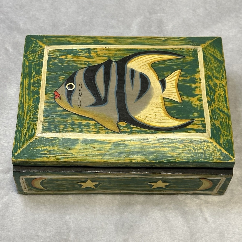 Vintage Hinged Wooden Box Hand Painted Fish Moon & Stars Green Colorful